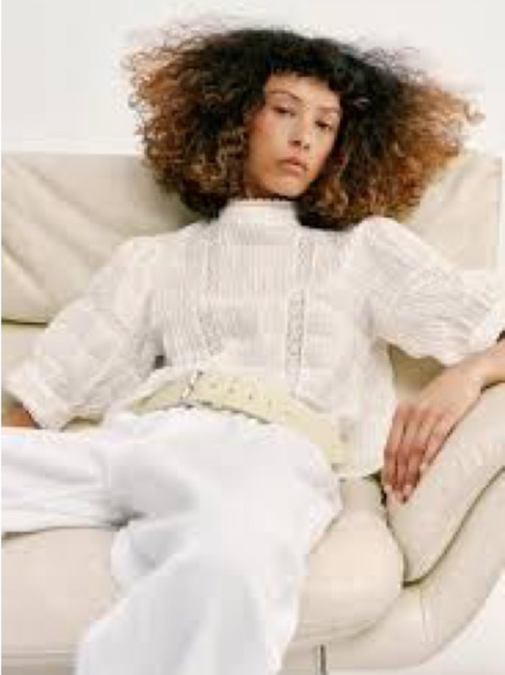 Zara Cream Lace-Panel Short Puff Sleeve Blouse - Picture 3 of 5